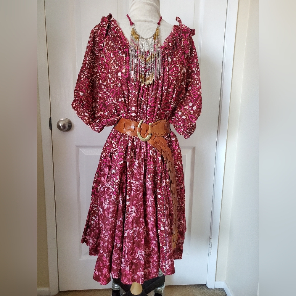 NEW Free People Pink Fushia Combo Short Sleeve Batik Tent Loose Fit Dress Size S